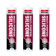 Soudal Multi Purpose Clear Silicone Sealant 270ml cartridge on a workbench
